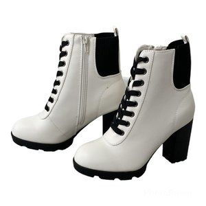 Striped Pattern Lace-up Front Chunky Heeled Combat Boots